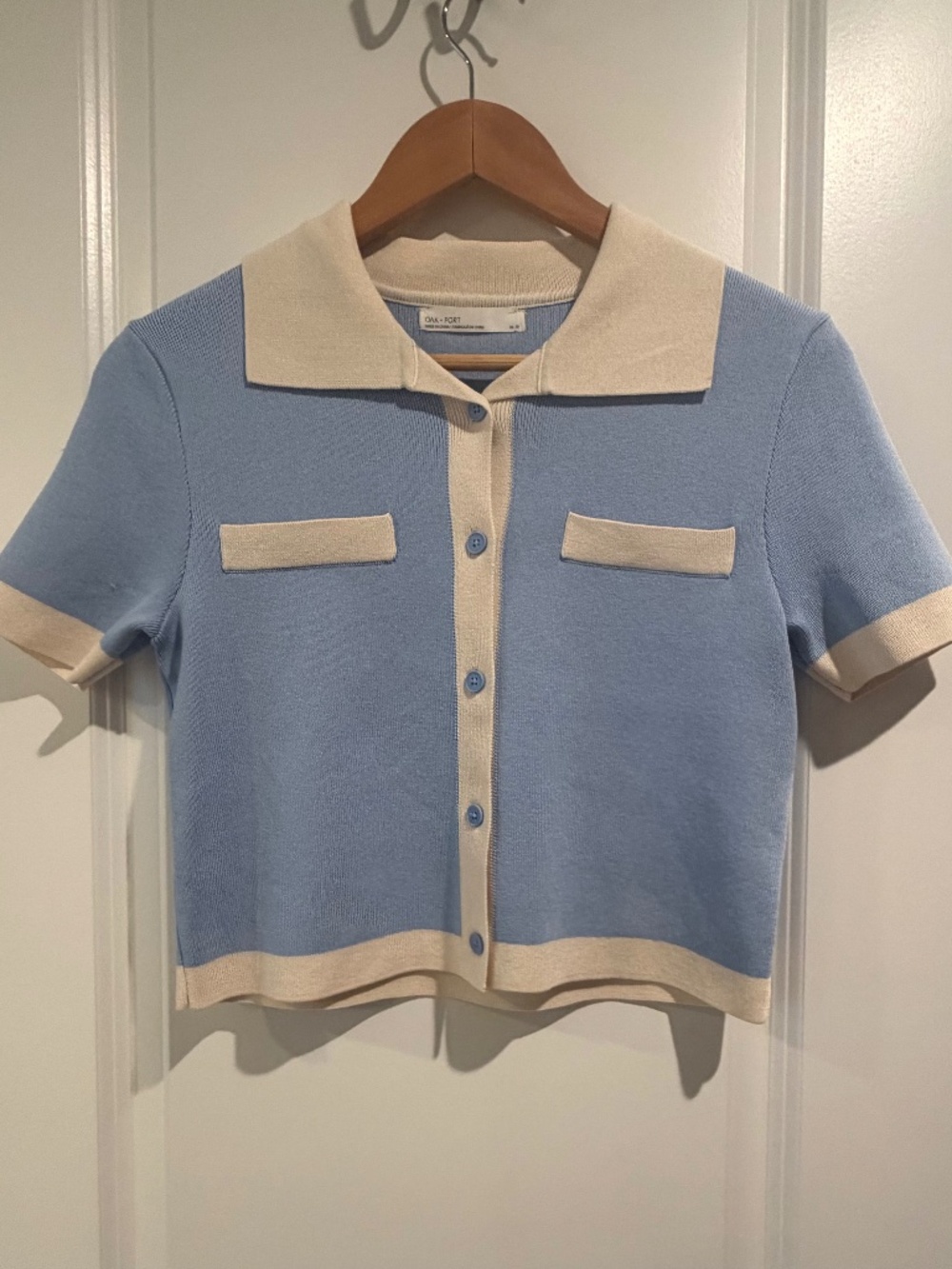 OAK + FORT Colorblock Knit Short Sleeve Cardigan Top in Light Blue - Size XS